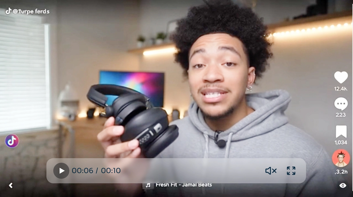 an ai video of a young man introducing a earphone